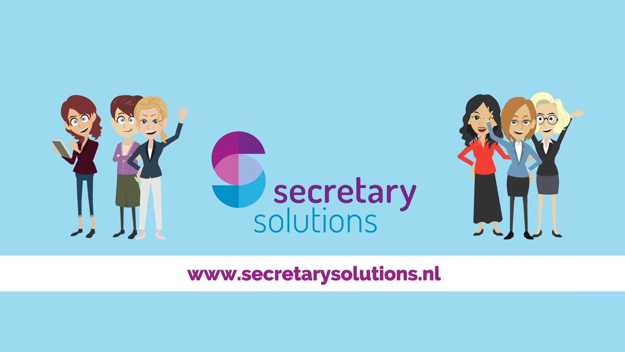 Getekende secretaresses zwaaien naast het logo van Secretary Solutions