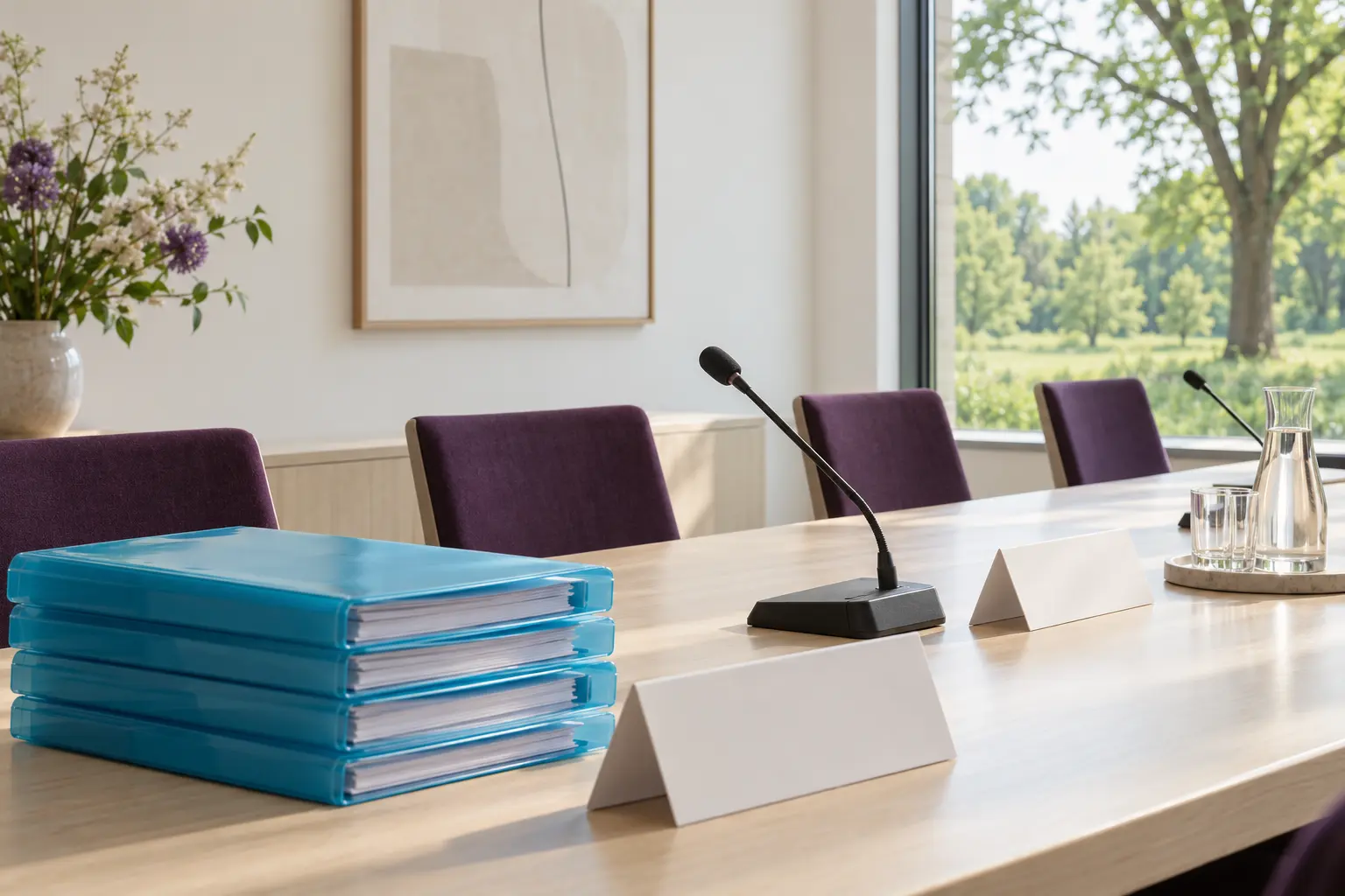 Een hoorzaal met dossiers op een lange tafel