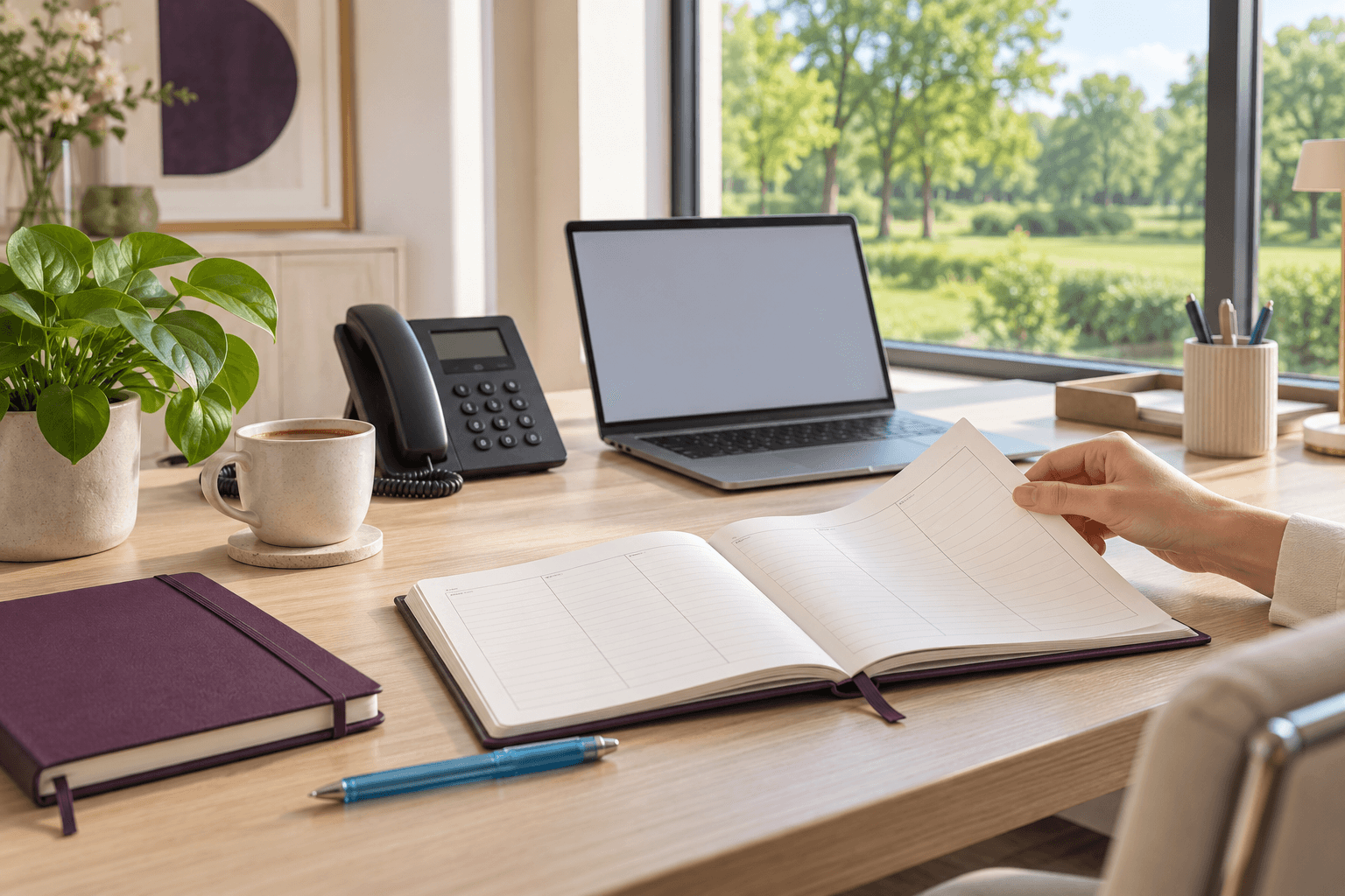 Een opgeruimd bureau met agenda en telefoon